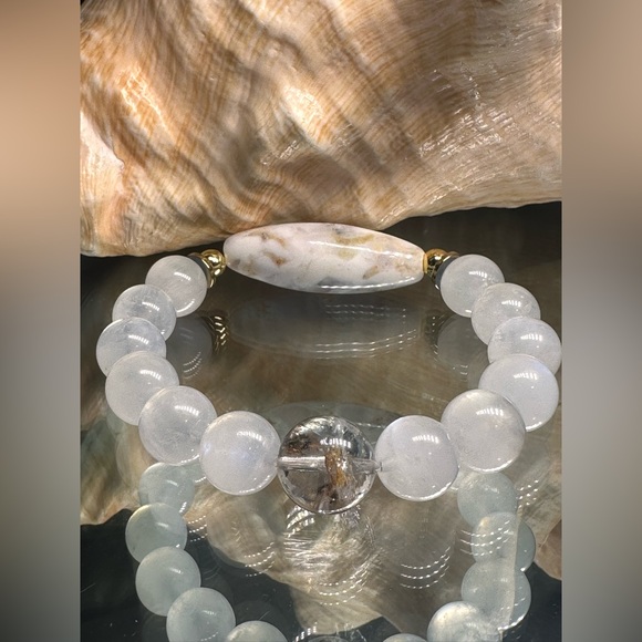 MOONSTONE + DENDRITIC AGATE + PHANTOM NATURAL BRACELET SIZE 7” - Picture 6 of 15